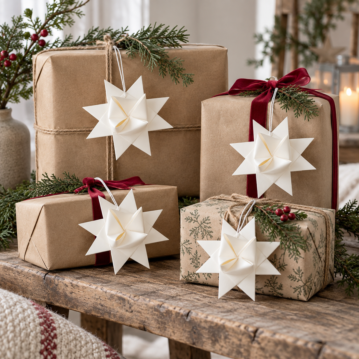 Fröbelsterne „Winterfalten“ mittel Papier Weiß 10,5cm 4er-Set – an weihnachtlich verpackten Geschenken