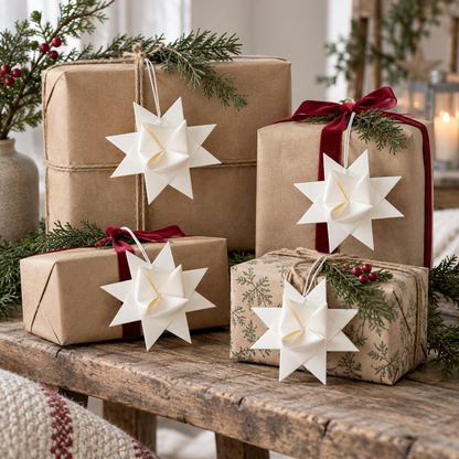 Fröbelsterne „Winterfalten“ mittel Papier Weiß 10,5cm 4er-Set – an weihnachtlich verpackten Geschenken