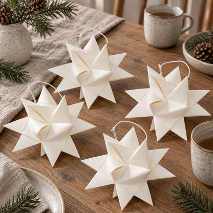 Fröbelsterne „Winterfalten“ mittel Papier Weiß 10,5cm 4er-Set – auf einem gedeckten Wintertisch