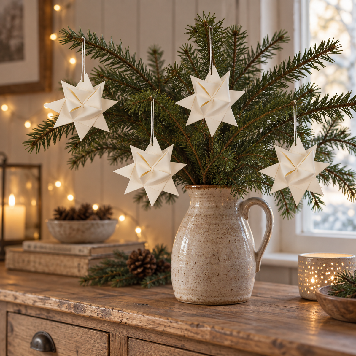Fröbelsterne „Winterfalten“ mittel Papier Weiß 10,5cm 4er-Set – an dekorierten Zweigen