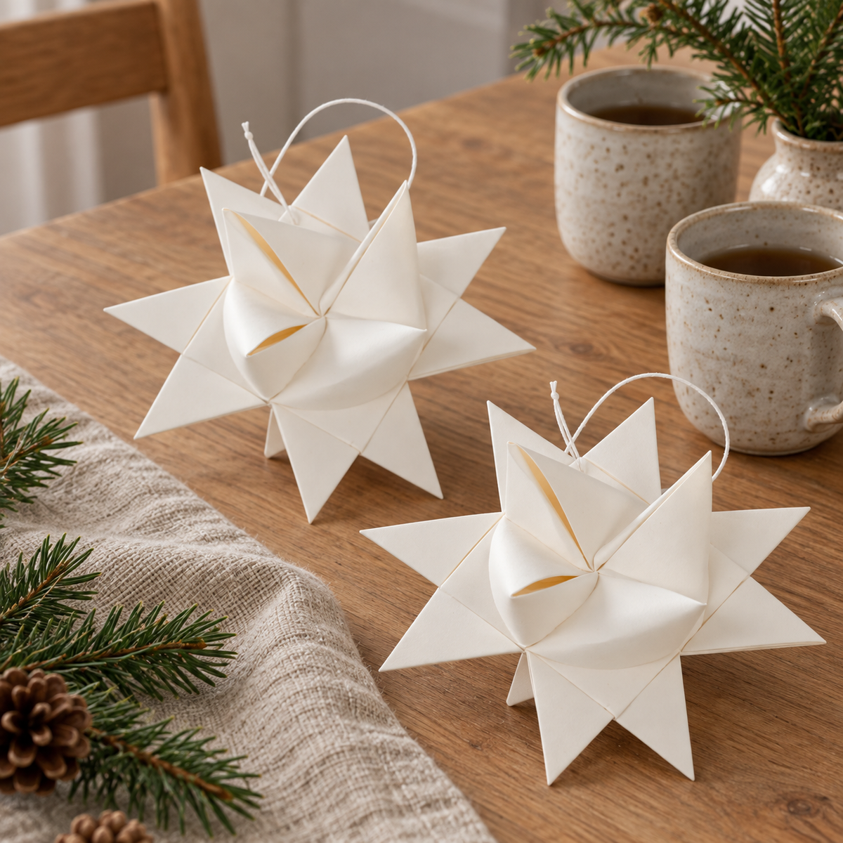 Fröbelsterne „Winterfalten“ groß Papier Weiß 16cm 2er-Set – auf einem gedeckten Wintertisch