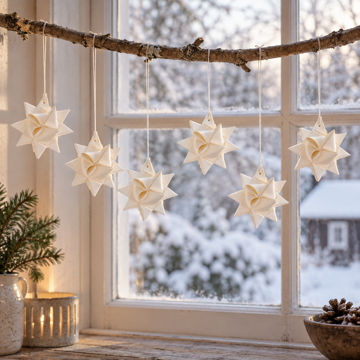 Fröbelsterne „Winterfalten“ klein Papier Weiß 6,5cm 6er-Set – am winterlichen Fenster