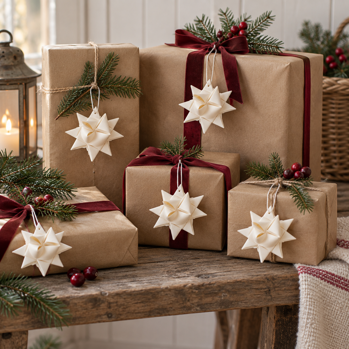 Fröbelsterne „Winterfalten“ klein Papier Weiß 6,5cm 6er-Set – an weihnachtlich verpackten Geschenken