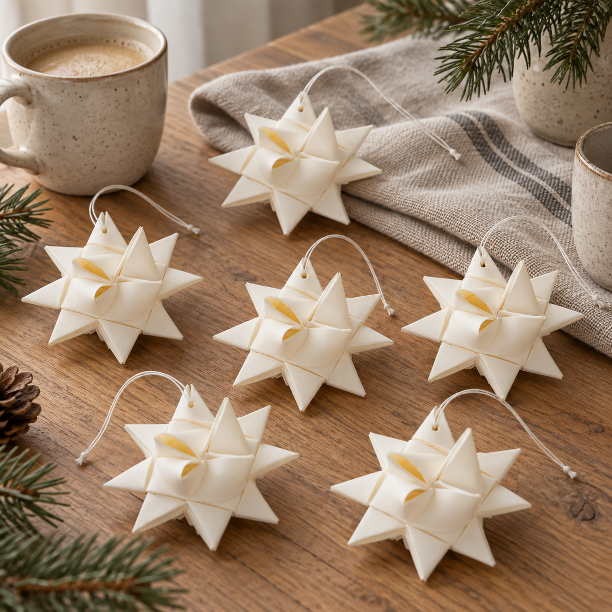 Fröbelsterne „Winterfalten“ klein Papier Weiß 6,5cm 6er-Set – auf einem gedeckten Wintertisch