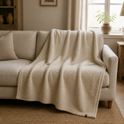 Teddy Wohndecke in Taupe auf einem Sofa