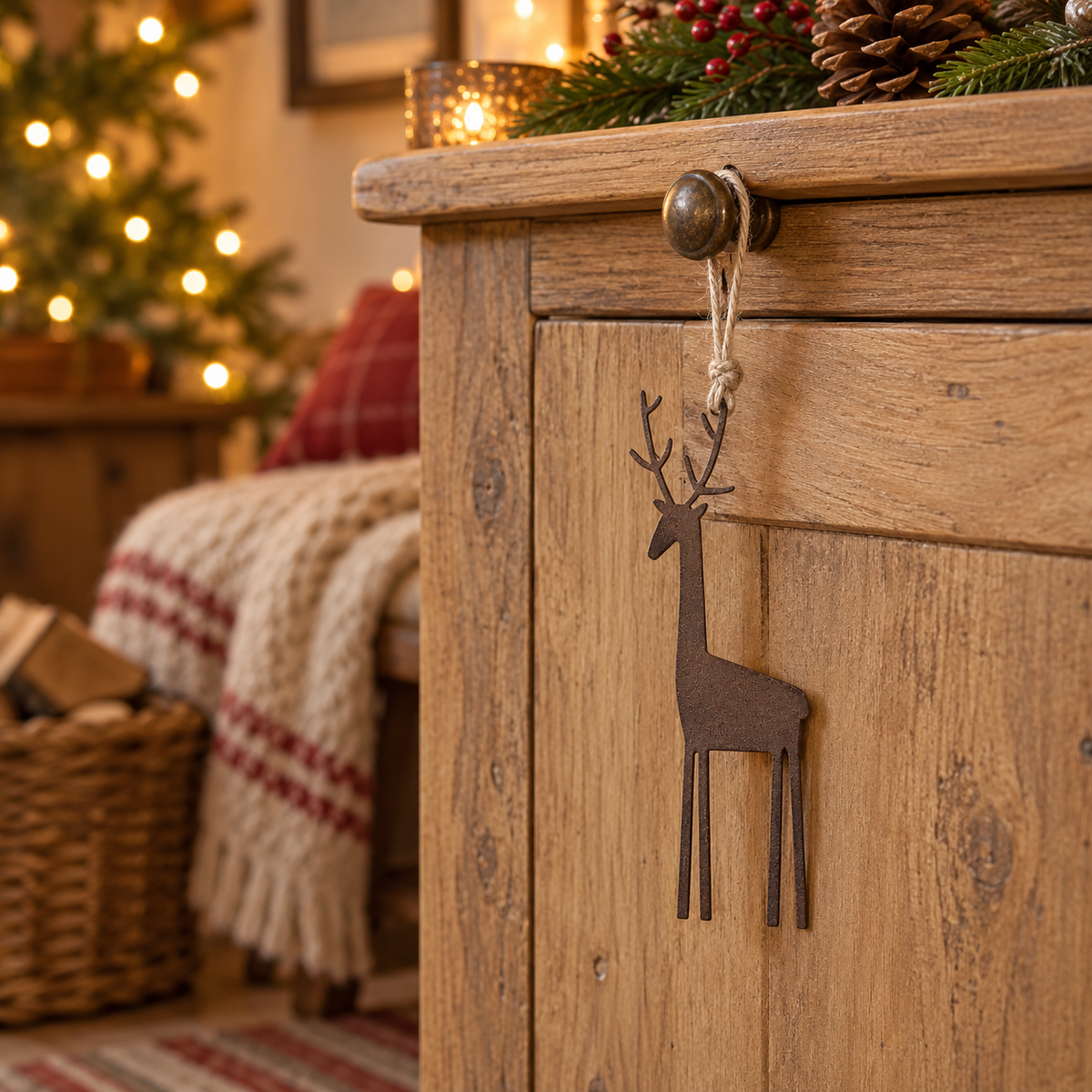 Rostbrauner Rentier-Aufhänger Nordlicht in einer warm beleuchteten Weihnachtsdekoration