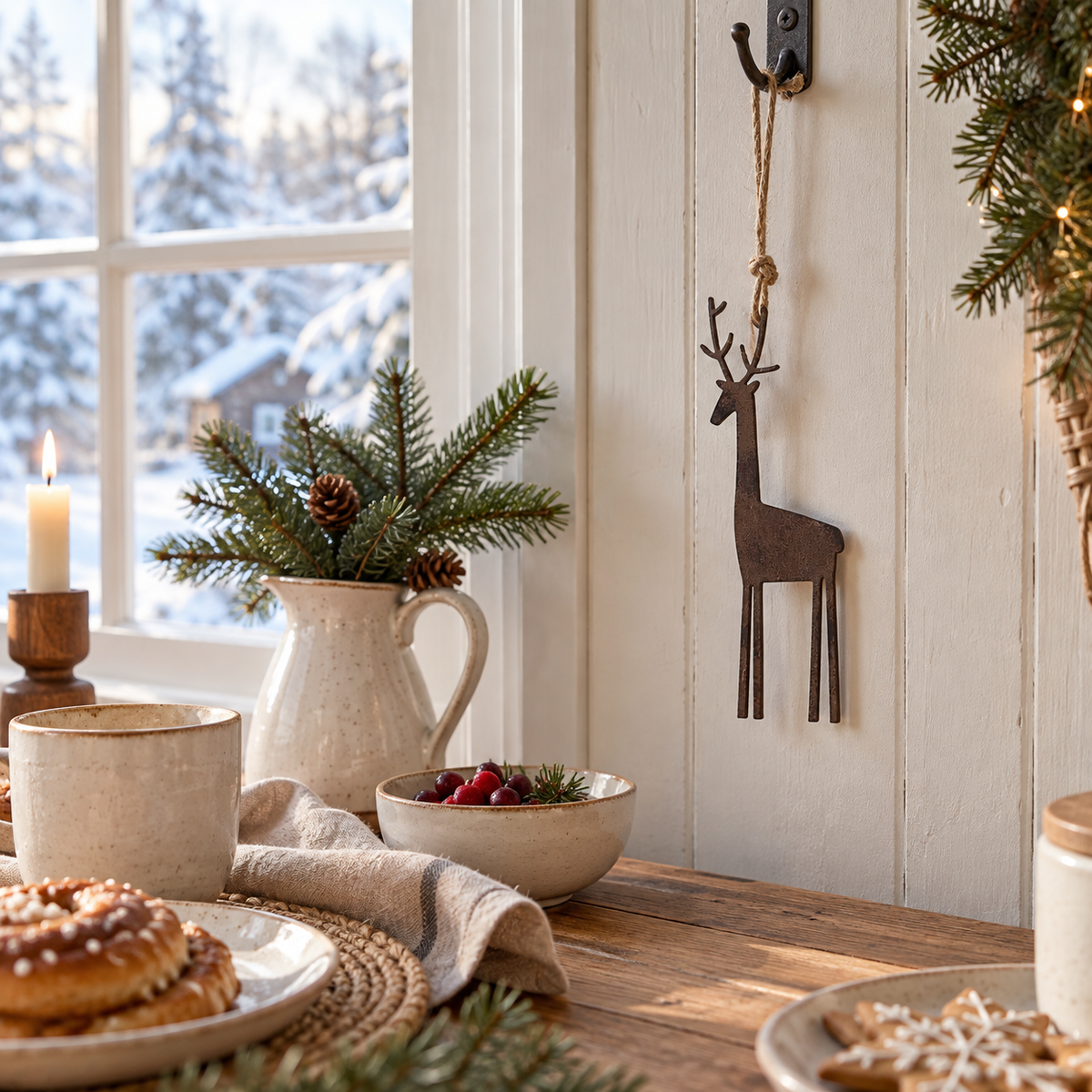 Rostbrauner Rentier-Aufhänger Nordlicht in einer winterlichen Frühstücksszene am Fenster