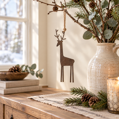 Rentier Nordlicht hängt an einem Zweig in einer Keramikvase auf einem winterlichen Sideboard