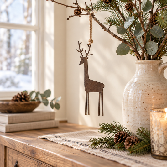 Rentier Nordlicht hängt an einem Zweig in einer Keramikvase auf einem winterlichen Sideboard
