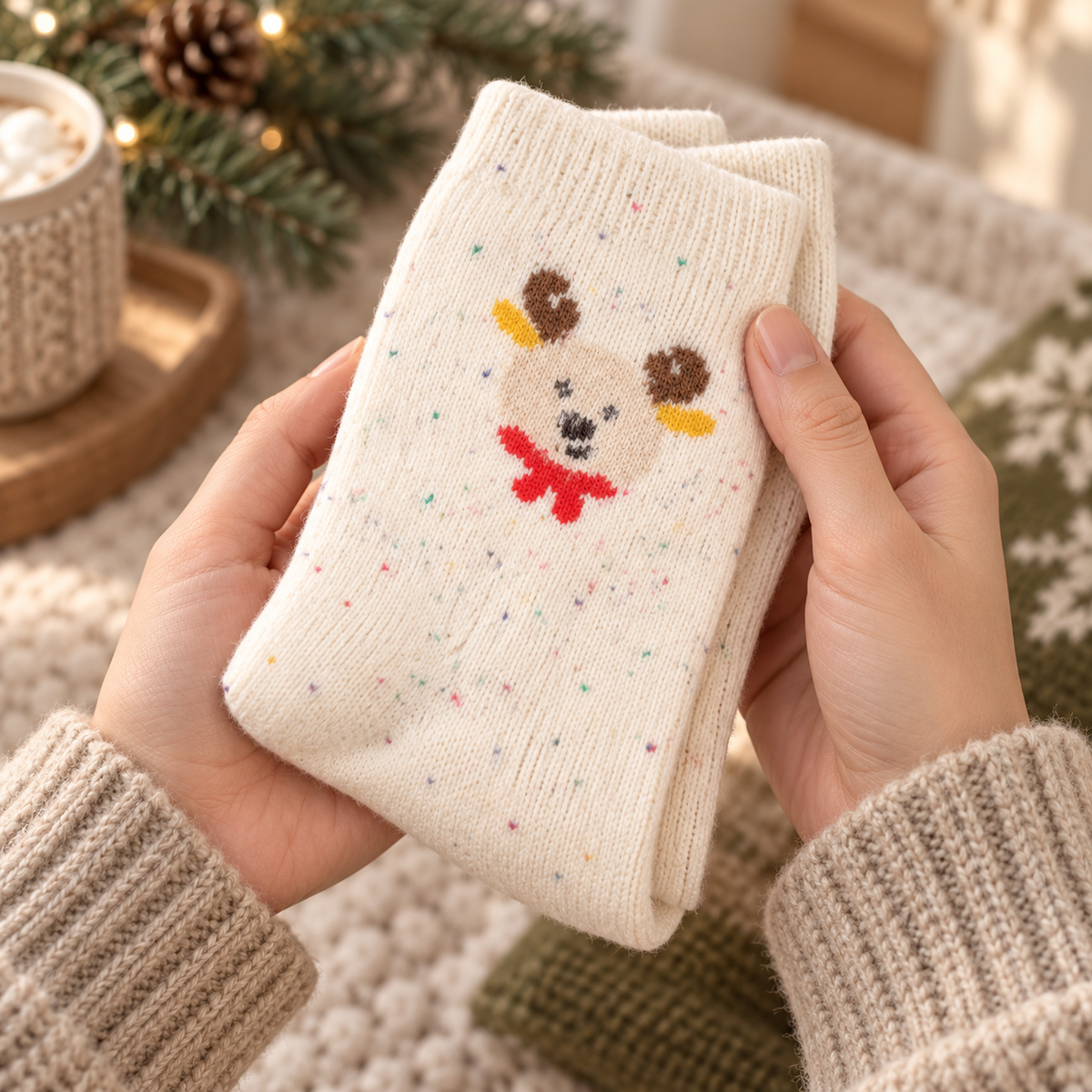 Ein Paar cremefarbene Rentiersocken Winterfreund in Händen vor winterlicher Wohnkulisse