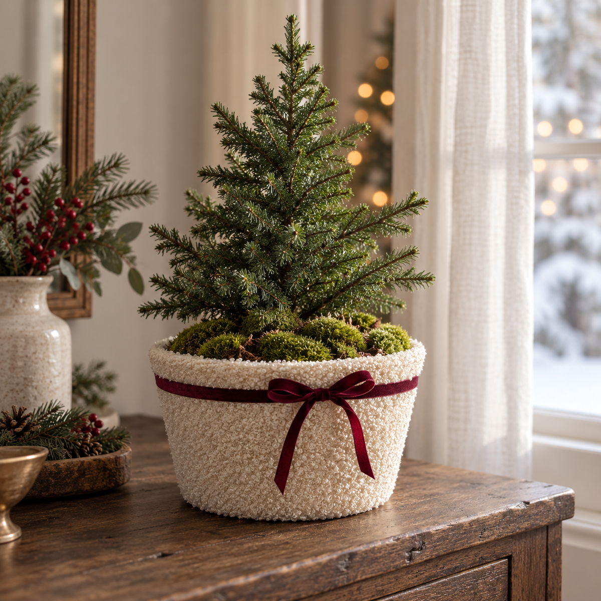 Cremefarbene Teddy-Schale mit kleinem Weihnachtsbaum, Moos und bordeauxroter Schleife auf einer Holzkommode.