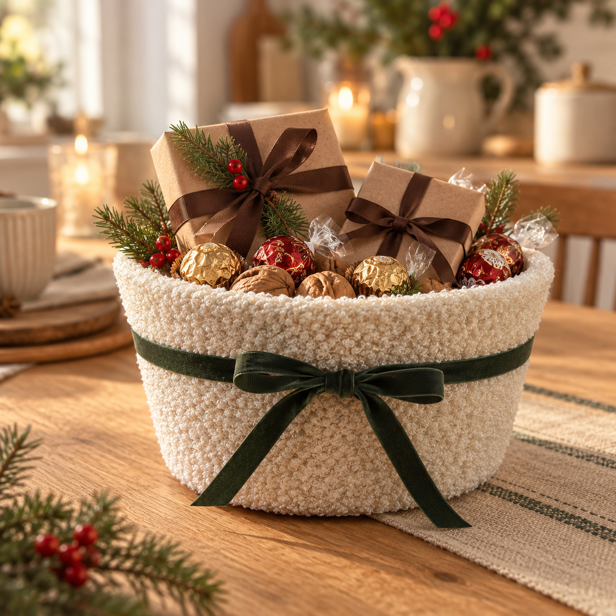 Teddy-Schale mit grünem Samtband, kleinen Geschenkpäckchen, verpackten Süßigkeiten und Walnüssen auf einem Holztisch.