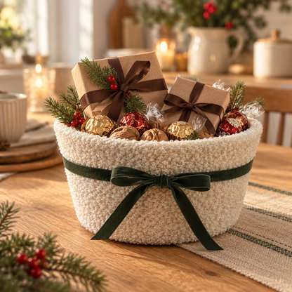 Teddy-Schale mit grünem Samtband, kleinen Geschenkpäckchen, verpackten Süßigkeiten und Walnüssen auf einem Holztisch.