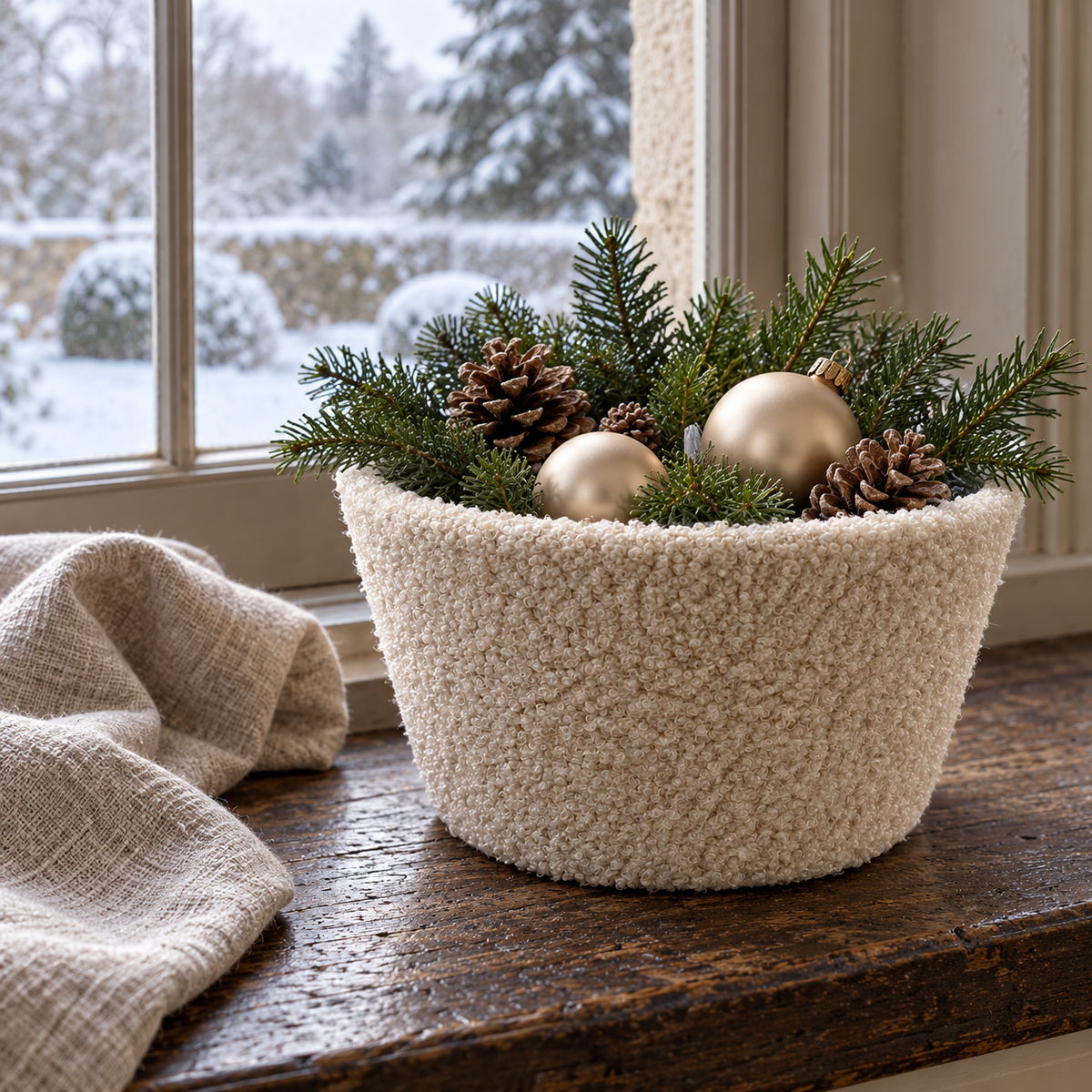 Cremefarbene Teddy-Schale mit Tannenzweigen, Zapfen und champagnerfarbenen Weihnachtskugeln auf einer winterlichen Fensterbank.