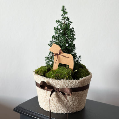 Cremefarbene Teddy-Schale mit braunem Band, kleinem Weihnachtsbaum, Moos und Pferdeanhänger dekoriert.
