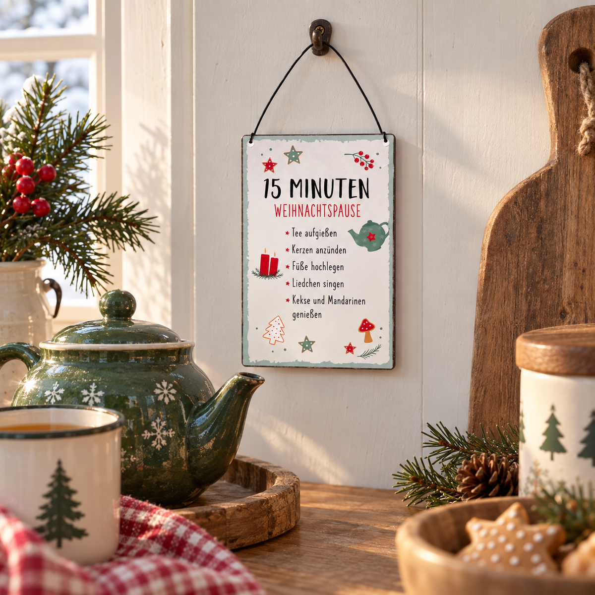 Schild „15 Minuten Weihnachtspause“ Metall Weiß Mintgrün Rot 10x15cm zum Hängen – an einer weihnachtlichen Teestation