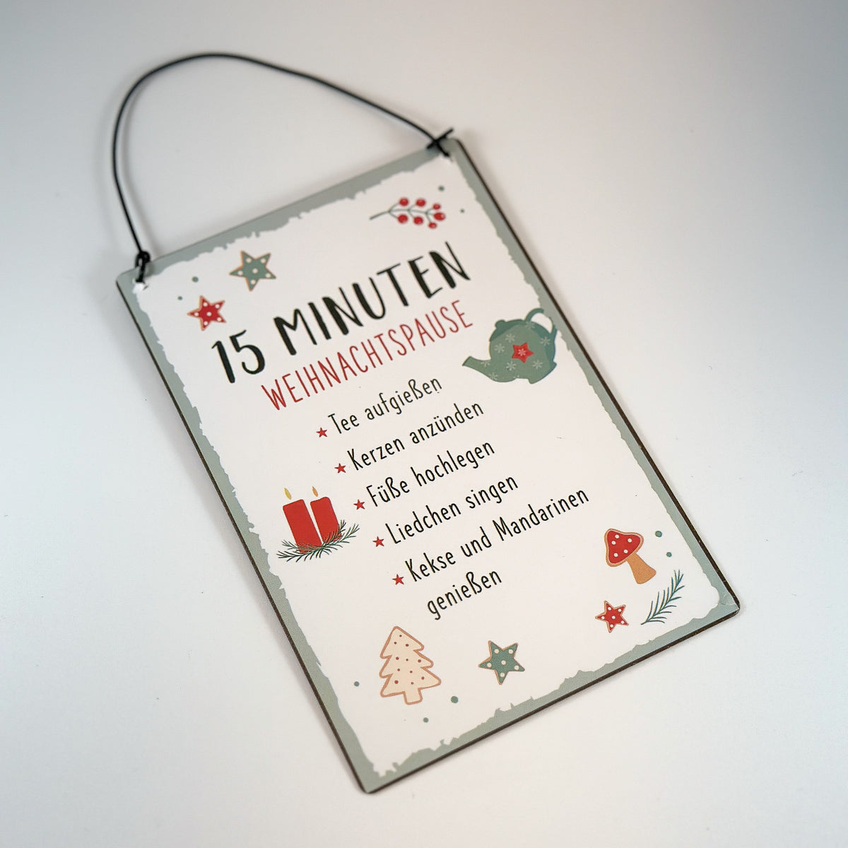 Schild „15 Minuten Weihnachtspause“ Metall Weiß Mintgrün Rot 10x15cm zum Hängen – Originalfoto des Metallschilds. Weitere Dekoration ist nicht enthalten.