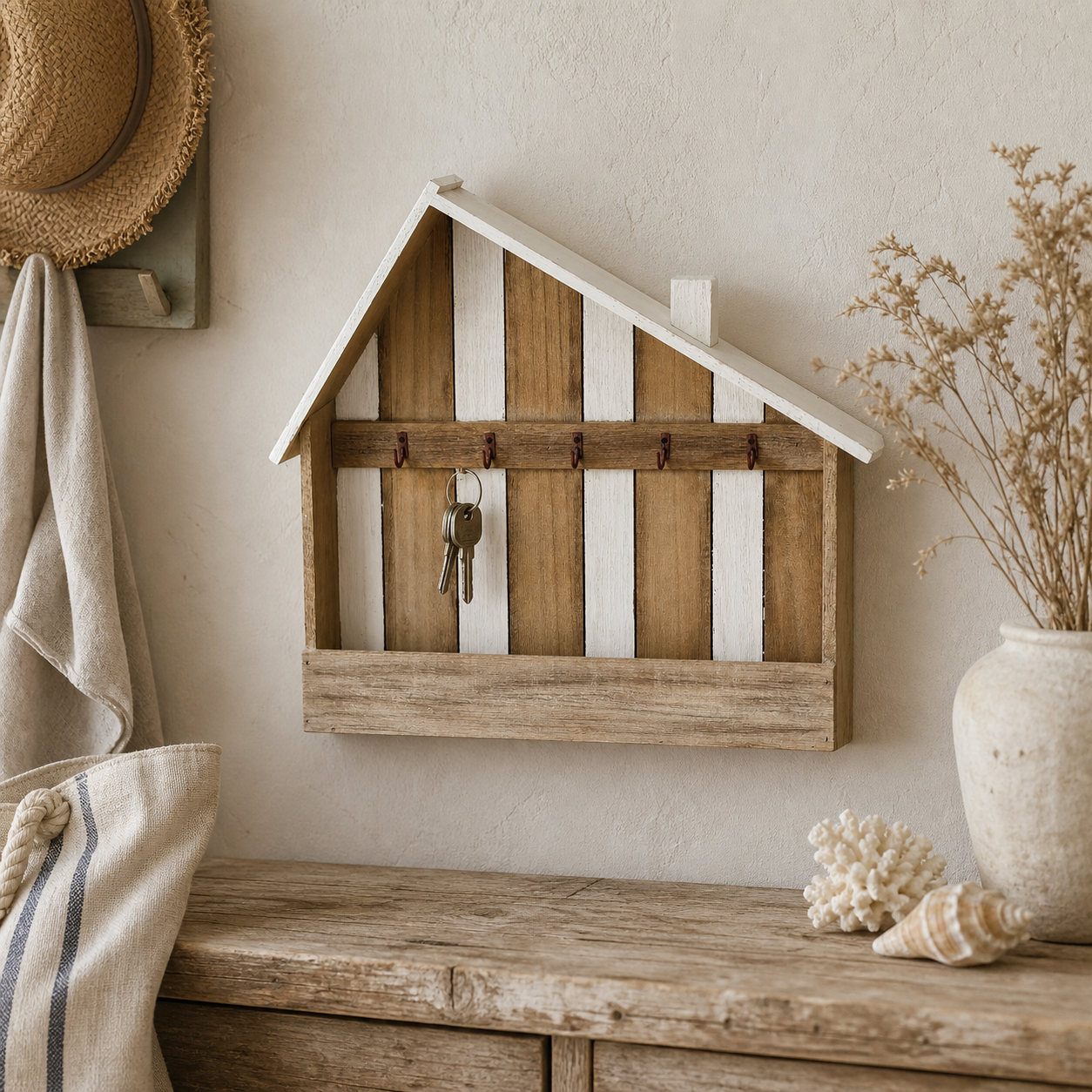Schlüsselhaus Strandhaus offenes Holz Schlüsselbrett im maritimen Flur Ambiente