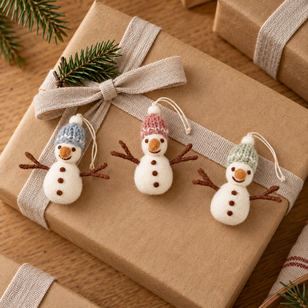 Drei Filz-Schneemänner Schneefreunde mit blauen, rosa und grünen Mützen zwischen weihnachtlich verpackten Geschenken.