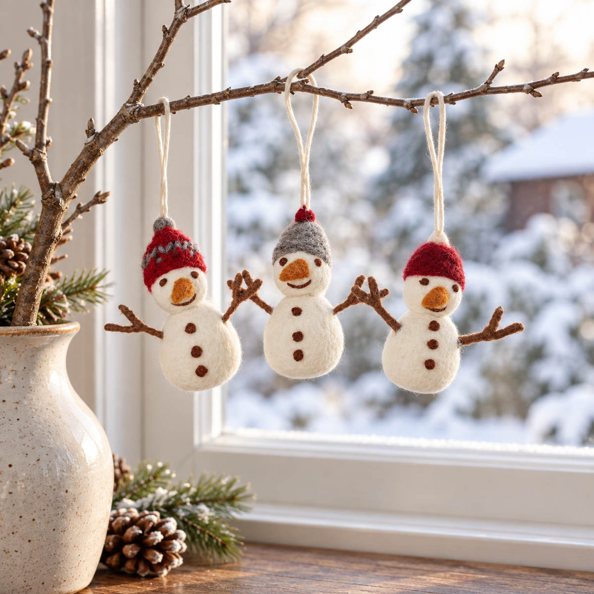 Drei Filz-Schneemänner Winterfreunde mit roten und grauen Mützen an einem Zweig vor einem winterlichen Fenster.