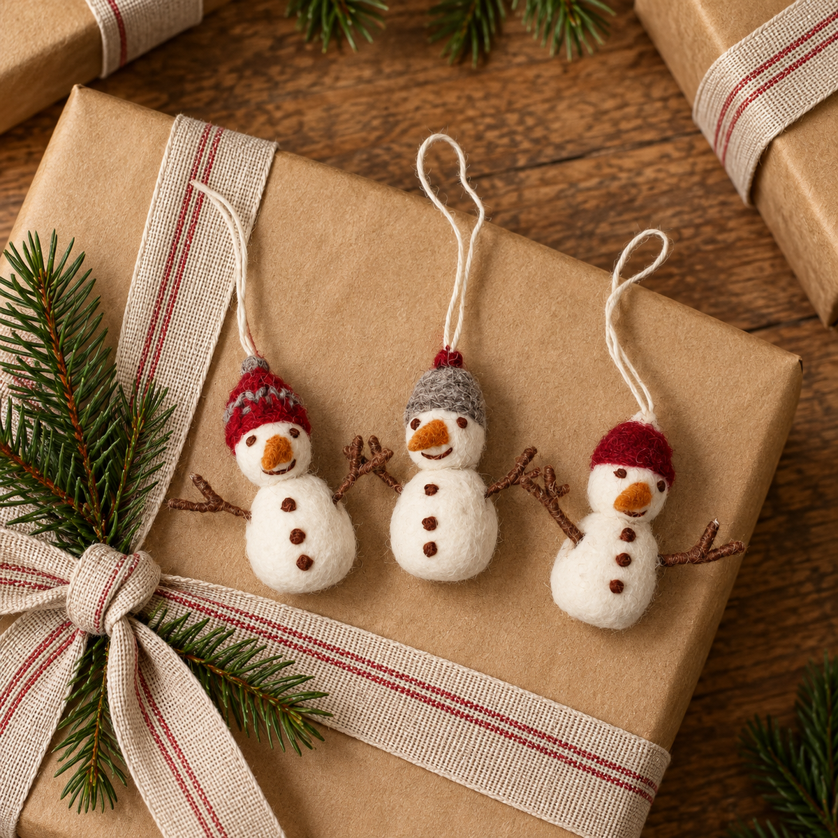 Drei Filz-Schneemänner Winterfreunde mit roten und grauen Mützen zwischen weihnachtlich verpackten Geschenken.