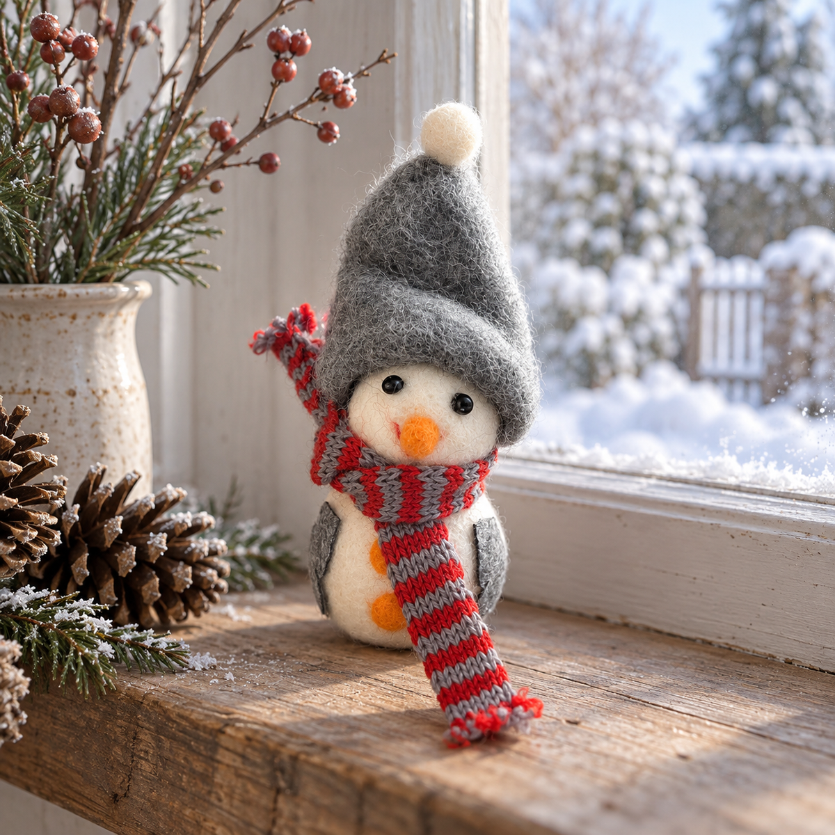 Schneemann „Fiete“ Wolle Grau Weiß mit Schal 12cm – am winterlichen Fenster