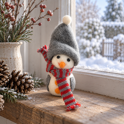 Schneemann „Fiete“ Wolle Grau Weiß mit Schal 12cm – am winterlichen Fenster