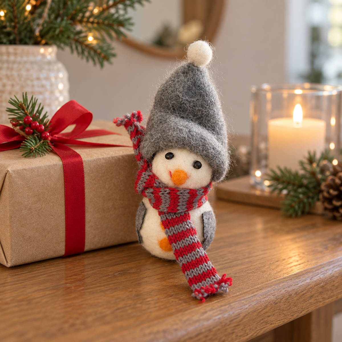 Schneemann „Fiete“ Wolle Grau Weiß mit Schal 12cm – auf einer Geschenkverpackung