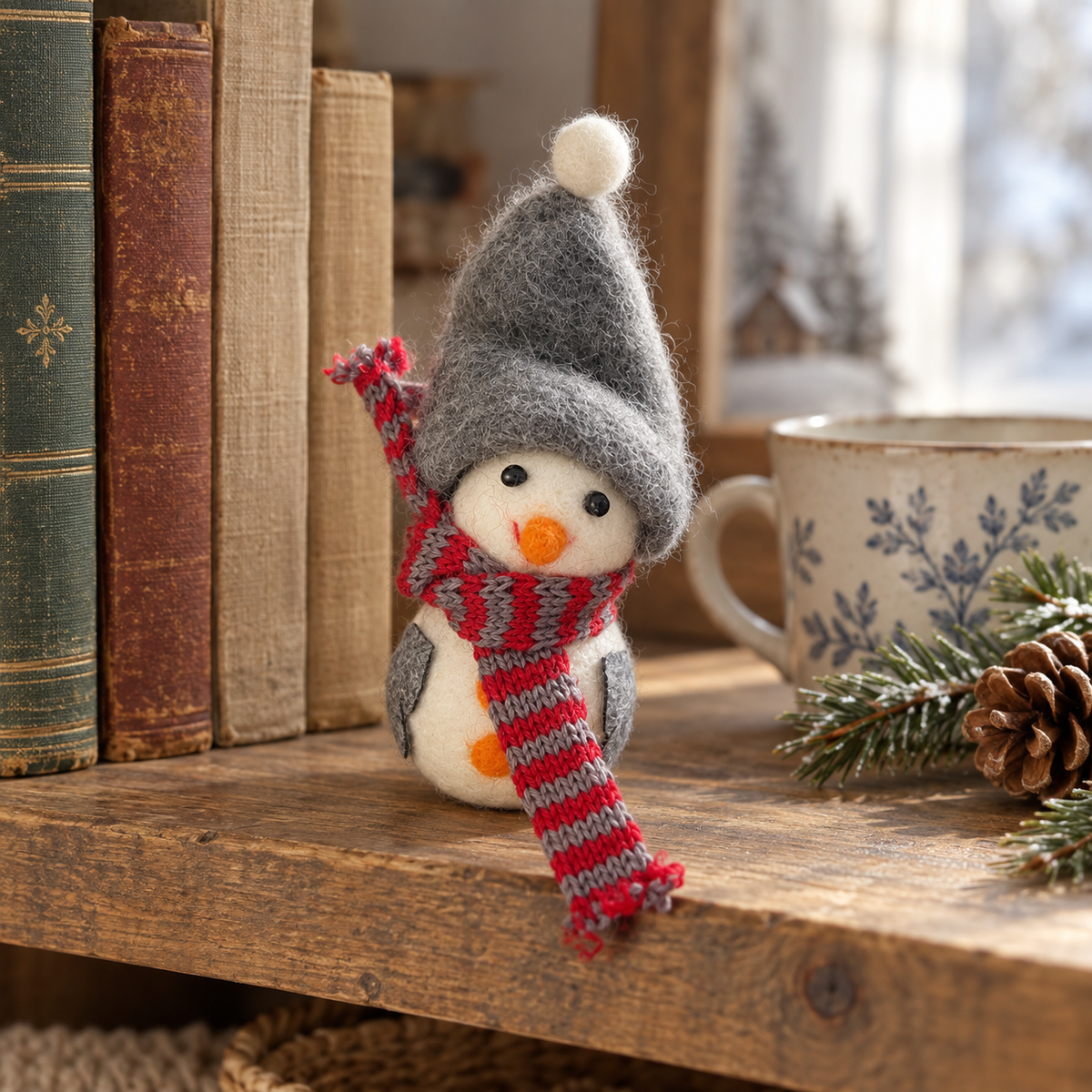 Schneemann „Fiete“ Wolle Grau Weiß mit Schal 12cm – an einem weihnachtlich dekorierten Regal