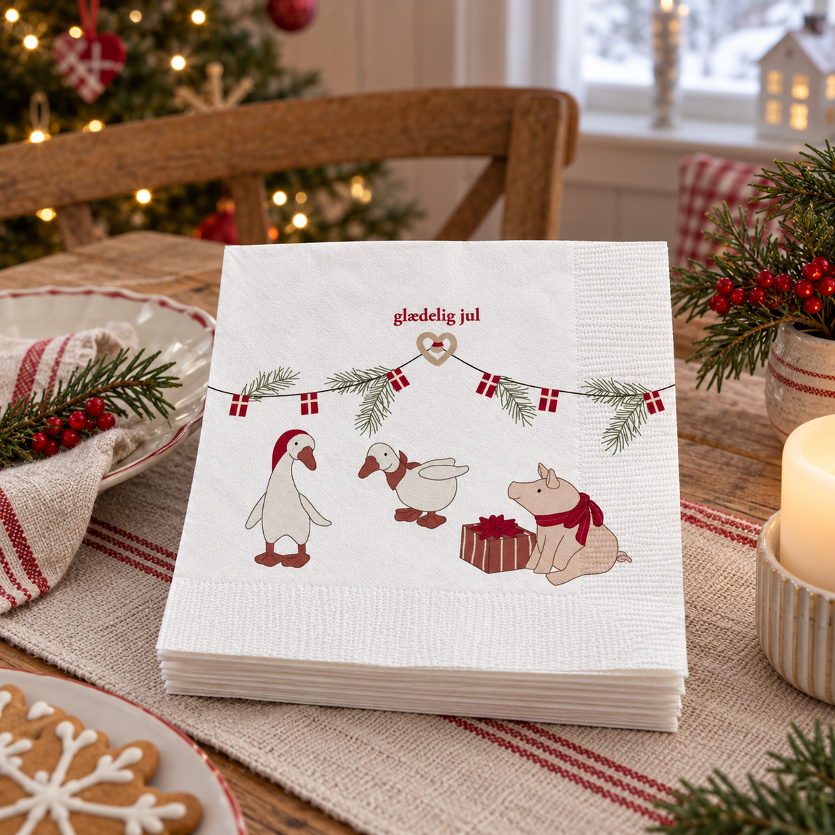 Servietten „Nordic Pixie“ Schwein und Gans 20er-Pack im weihnachtlichen Landhausambiente