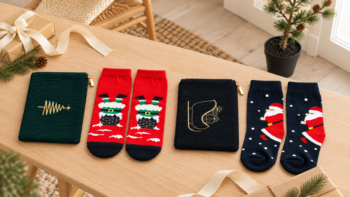 Geschenksets Tannenfreude und Winterstiefel mit Taschen und Weihnachtssocken auf einem Holztisch, daneben die Zeder Cedar Haven.