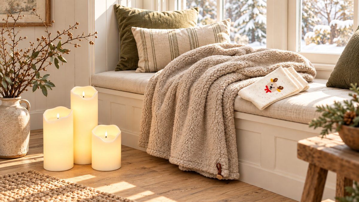 Lumière LED-Kerzen vor einer hellen Fensterbank mit taupefarbener Teddydecke und cremefarbenen Rentiersocken Winterfreund.