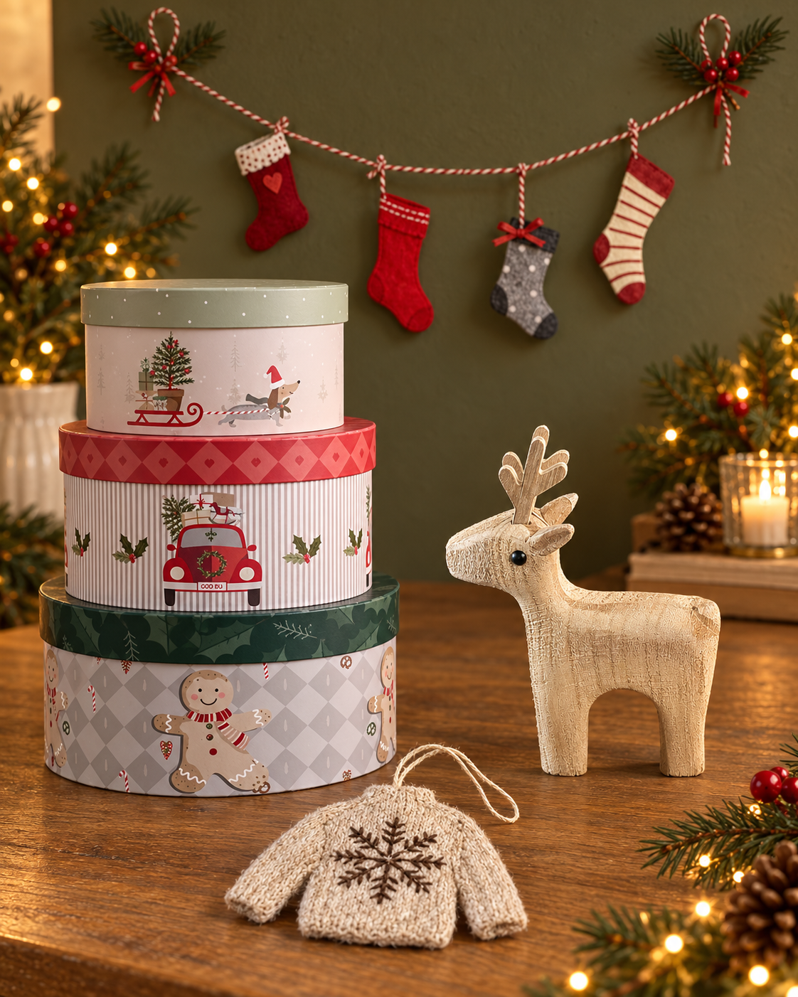 Kleines Holzrentier Sago neben drei runden Geschenkboxen, cremefarbenem Pullover-Anhänger und Filzstrumpf-Girlande.