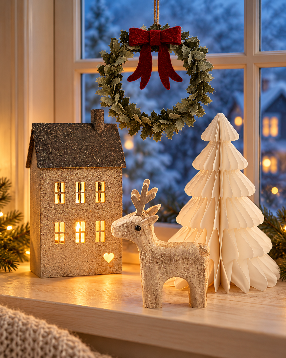 Kleines Sago-Rentier vor dem sandgrauen Lichthaus, großem weißen Papierbaum und Stechpalmenkranz am Winterfenster.