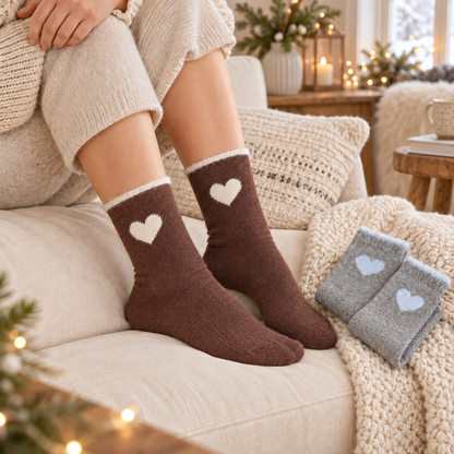 Herzzeit Socken in braun am Fuß auf einem gemütlichen Sofa, zweites Paar daneben
