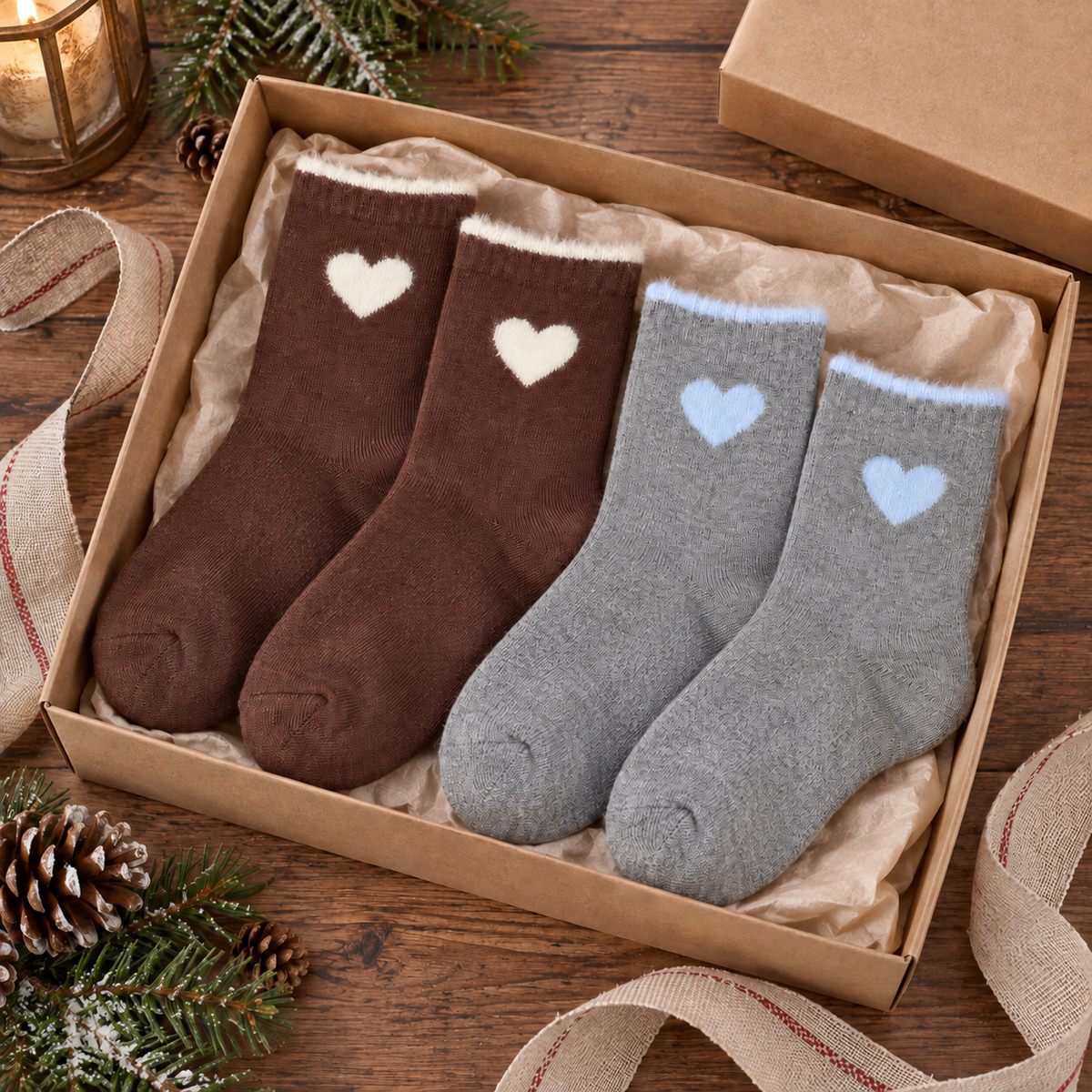 Zwei Paar Herzzeit Socken Braun/Blau als Geschenkidee in einer dekorierten Schachtel