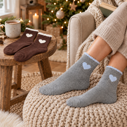 Herzzeit Socken in graumeliert mit hellblauem Herz getragen in einer winterlichen Leseecke, zweites Paar auf dem Beistelltisch