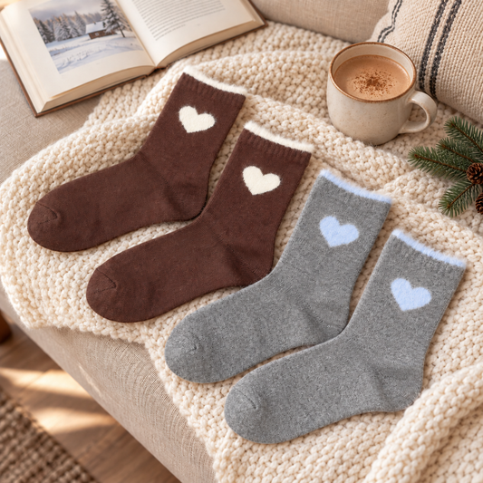 Herzzeit Socken Braun/Blau auf einer Strickdecke neben Buch und Tasse