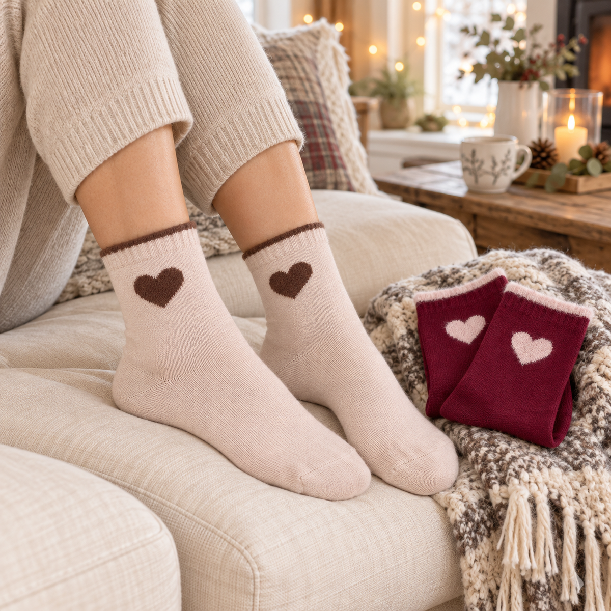 Herzzeit Socken in taupe am Fuß auf einem gemütlichen Sofa, zweites Paar daneben