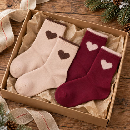 Zwei Paar Herzzeit Socken Taupe/Rot als Geschenkidee in einer dekorierten Schachtel