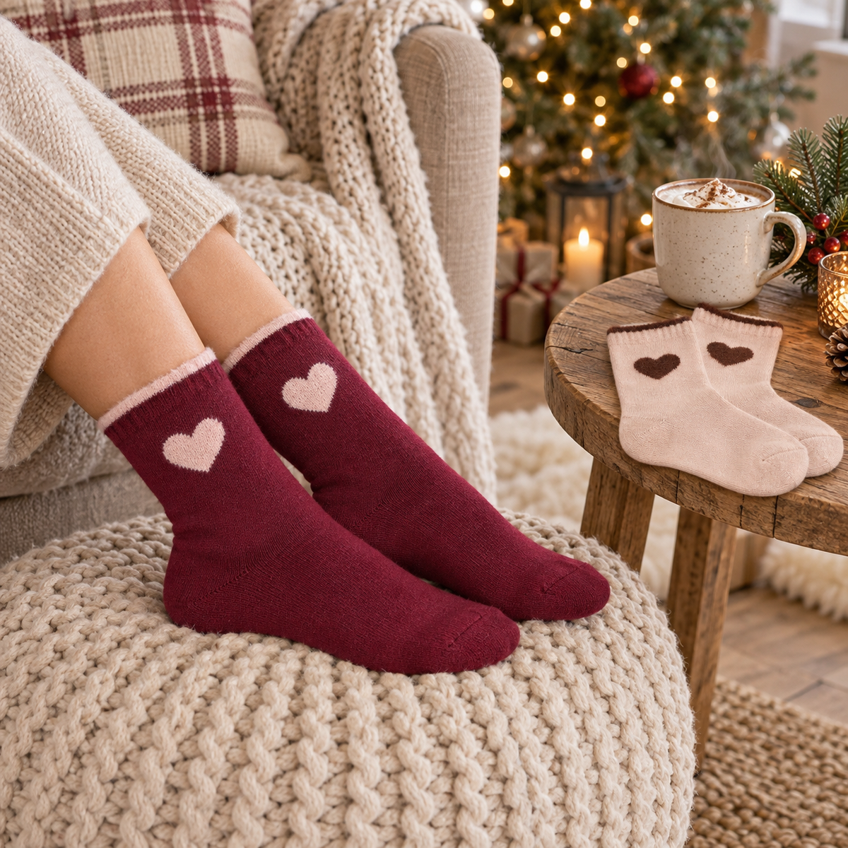 Herzzeit Socken in bordeauxrot getragen in einer winterlichen Leseecke, zweites Paar auf dem Beistelltisch