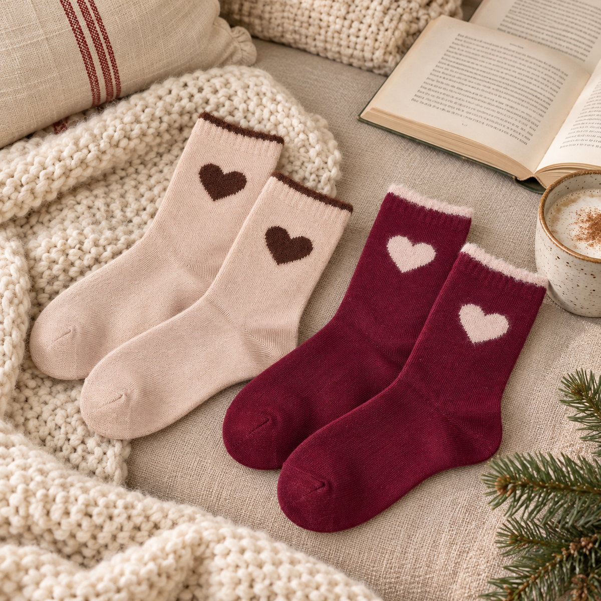 Herzzeit Socken Taupe/Rot auf einer Strickdecke neben Buch und Tasse