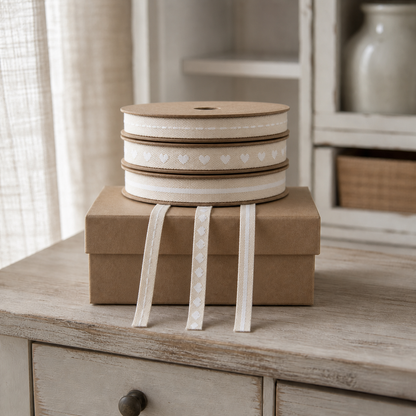 Cremefarbene Dekobänder mit weißen Mustern auf einer Geschenkbox