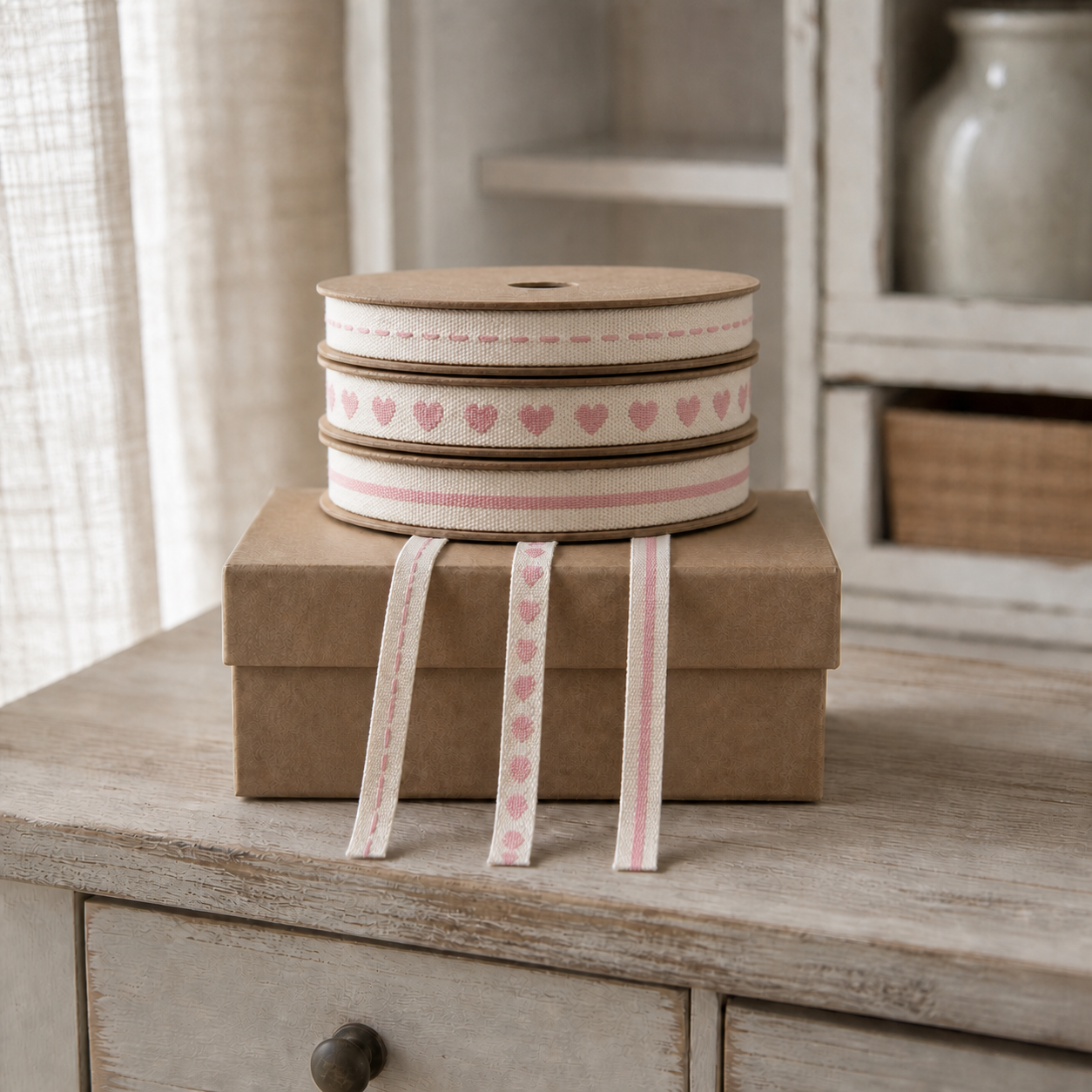 Dekoband-Set Soft Romance Rosa auf einer Geschenkbox im Landhausstil