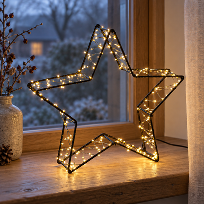 LED-Stern Stella auf einer winterlichen Fensterbank