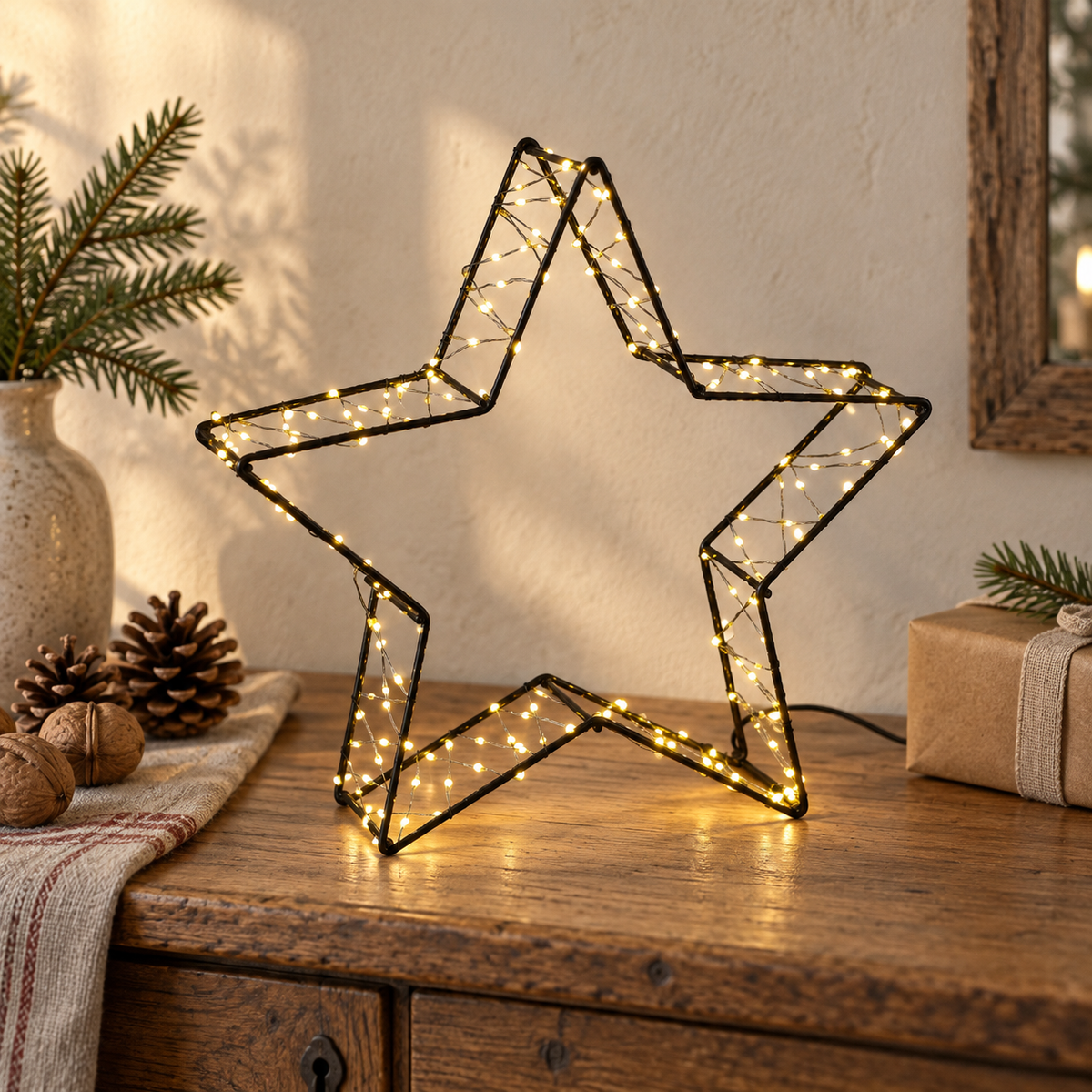 LED-Stern Stella mit dezenter Adventsdekoration auf einer Kommode
