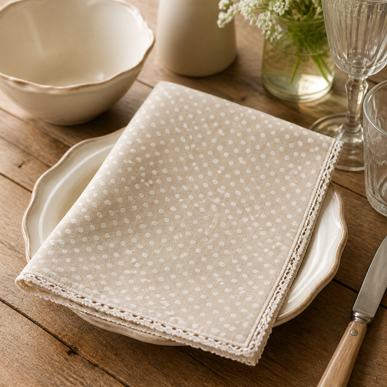 Stoffserviette mit Spitze "Dotty" Beige Punkte 40cm – 02 ambiente nah