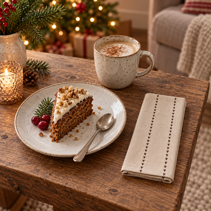 Kleine rechteckig gefaltete Serviette Valentina neben Kuchenteller und Tasse zur Weihnachtszeit