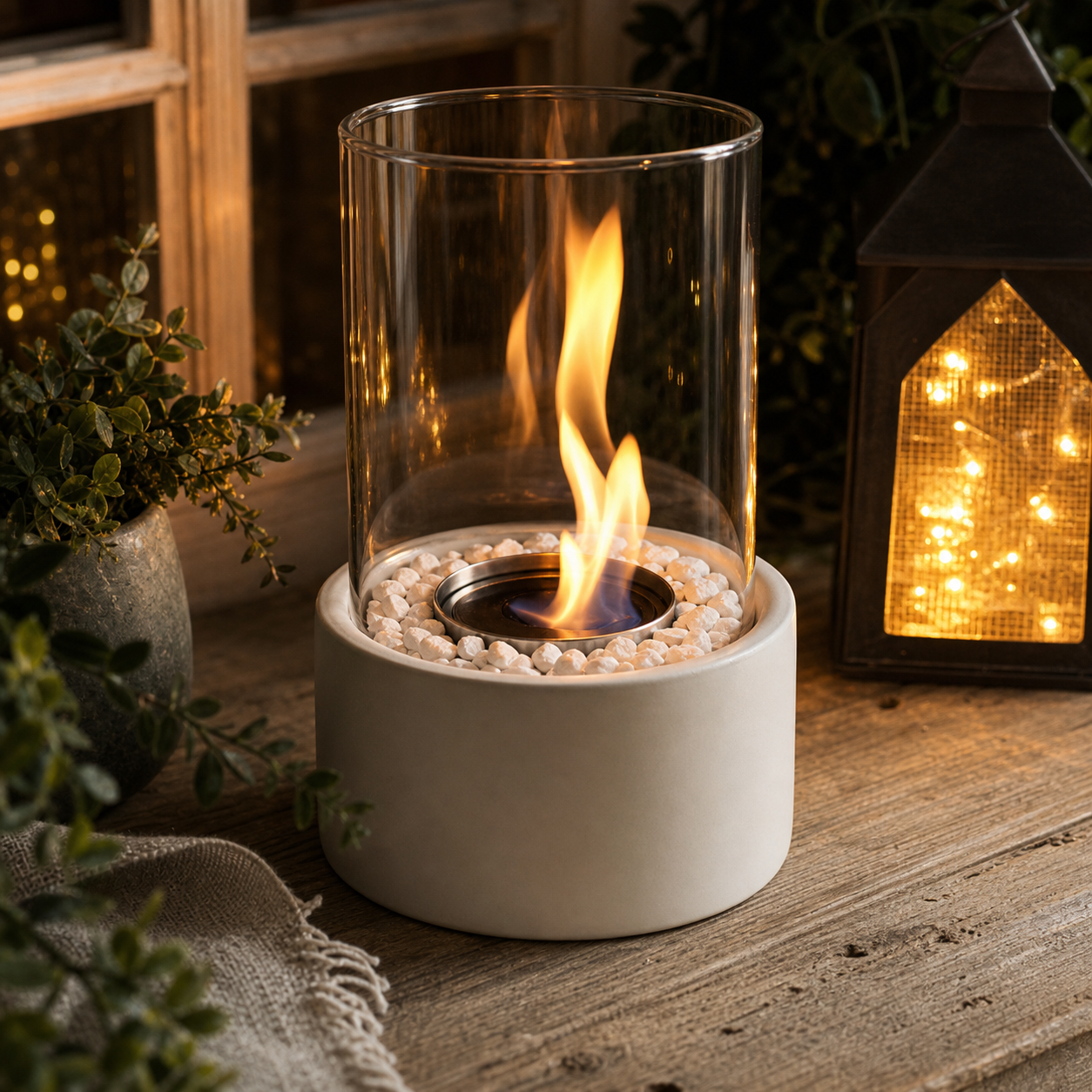 Stone Fire weiß Tischfeuer Ambiente nah