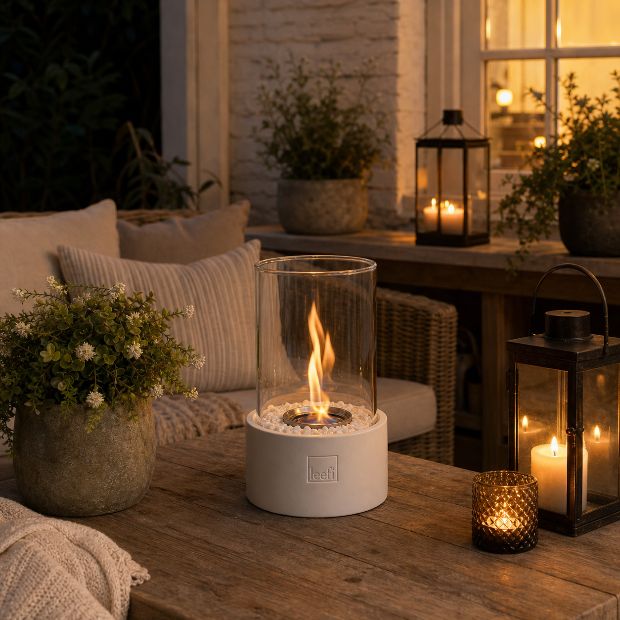Stone Fire weiß Tischfeuer Ambiente Terrasse